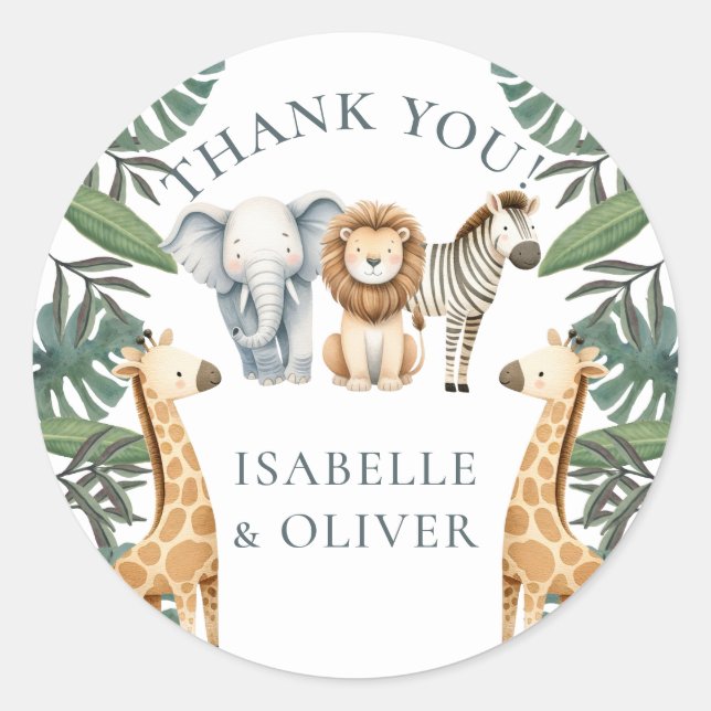 Safari Baby Animals and Greenery Vielen Dank Runder Aufkleber (Vorderseite)