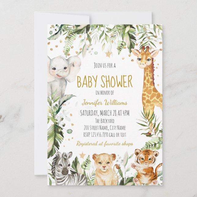 Safari Baby Animals Baby Dusche Einladung (Vorderseite)