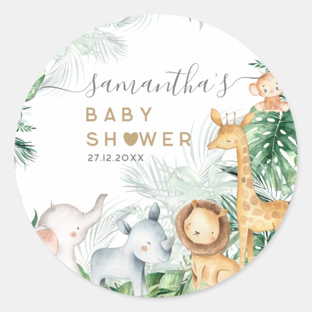 Safari Baby Animals Greenery Baby Shower Runder Aufkleber (Vorderseite)