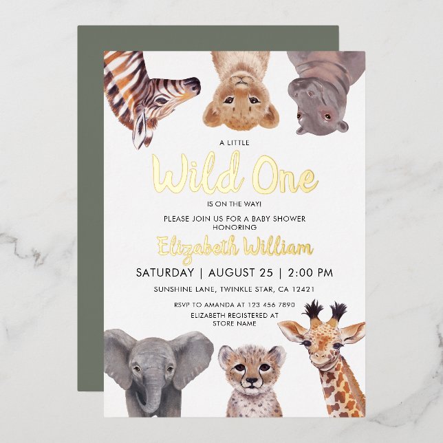 Safari Baby Animals Illustration Baby Shower Folieneinladung (Vorderseite/Rückseite)