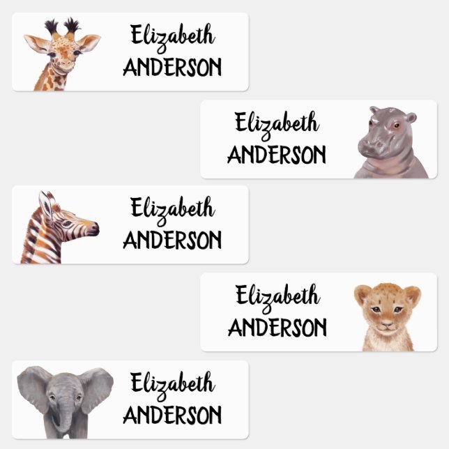 Safari Baby Animals Personalisiert Name Kinder Etiketten (Gruppe)
