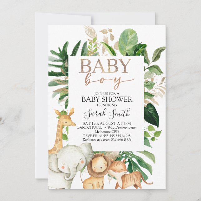 Safari Baby-Dusche aus Gold und grünen Folien Einladung (Vorderseite)