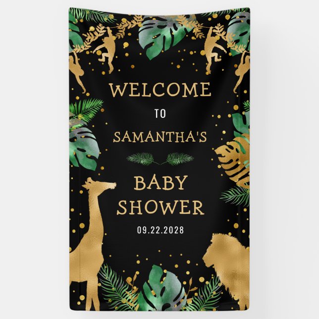 Safari Baby Dusche Black Gold Green Willkommen Banner (Vertikal)