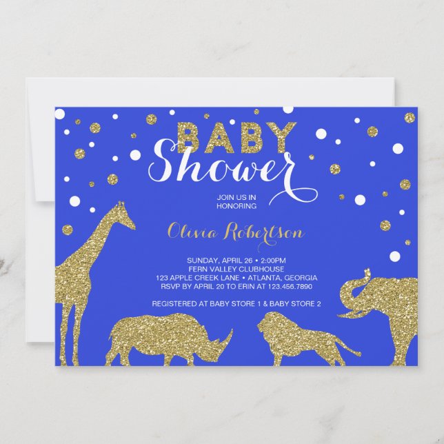 Safari Baby Dusche Einladung, Imitats Gold, Blau Einladung (Vorderseite)