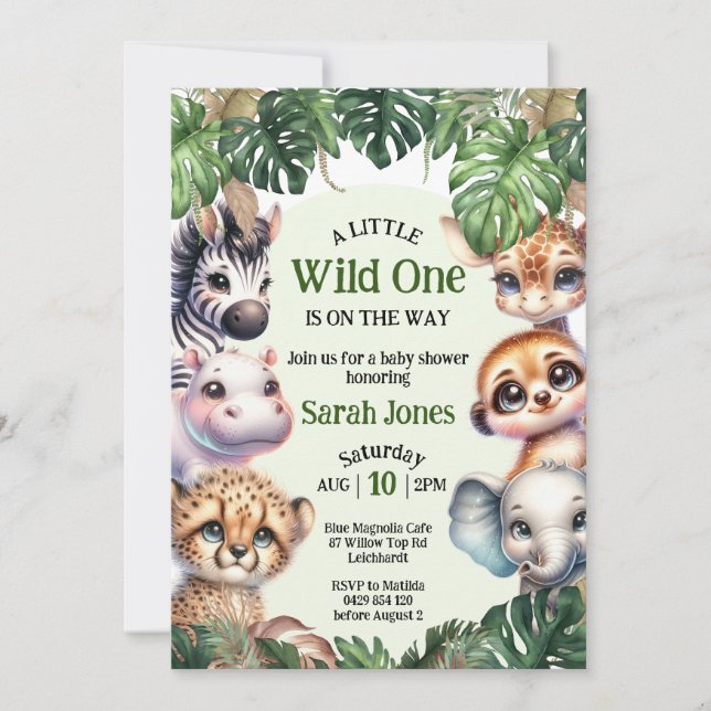 Safari Baby Dusche, Niedliche Jungle Animals Einla Einladung (Vorderseite)