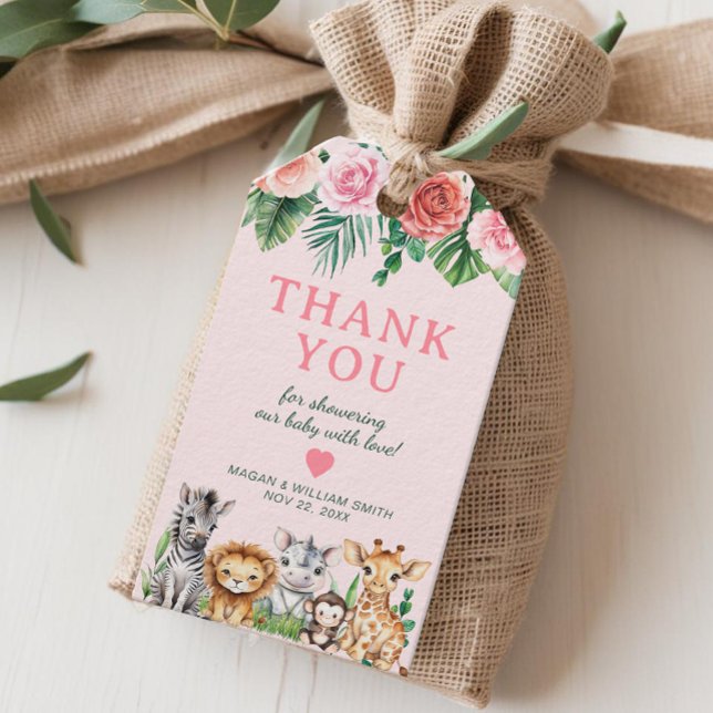 Safari Baby Dusche Vielen Dank - Jungle Animal Geschenkanhänger (Pink Safari Thank You Gift Tag)