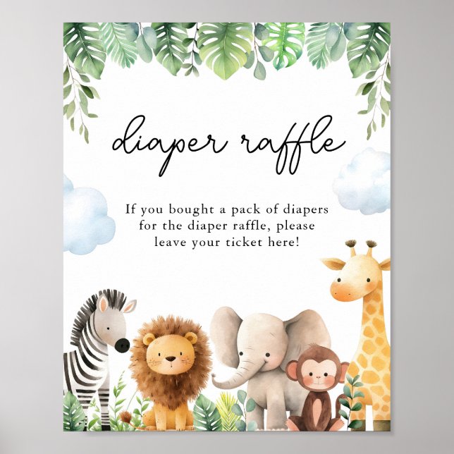 Safari Baby Dusche Windeln Raffle Game Sign Poster (Vorne)
