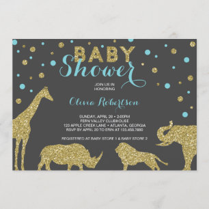 Safari-Baby-Duschen-Einladung, Imitat Gold, Aqua Einladung