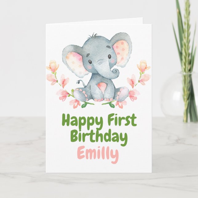Safari Baby Elephant Joyeux 1er Anniversaire Carte (Devant)