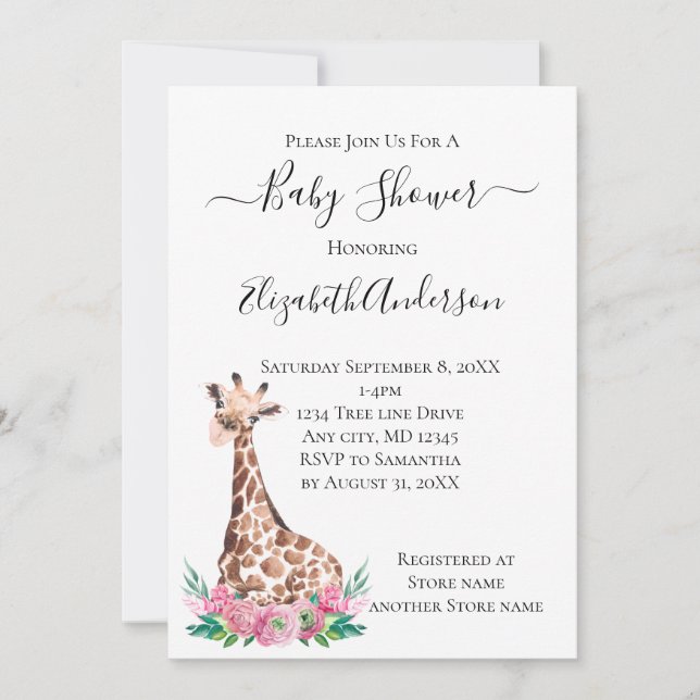 Safari Baby Giraffe mit rosa Blume Einladung (Vorderseite)