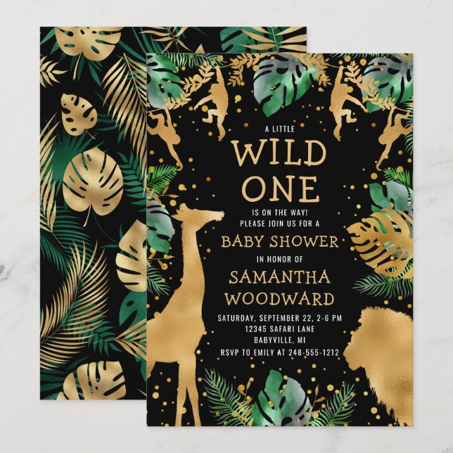 Safari Baby Shower Black Gold Einladung (Vorne/Hinten)