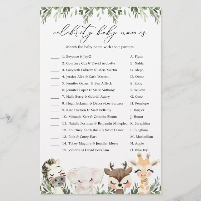 Safari Baby Shower Celebrity Baby Names Game (Vorderseite)