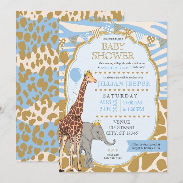 Safari Baby Shower Einladung - (Boy Blue) (Vorne/Hinten)