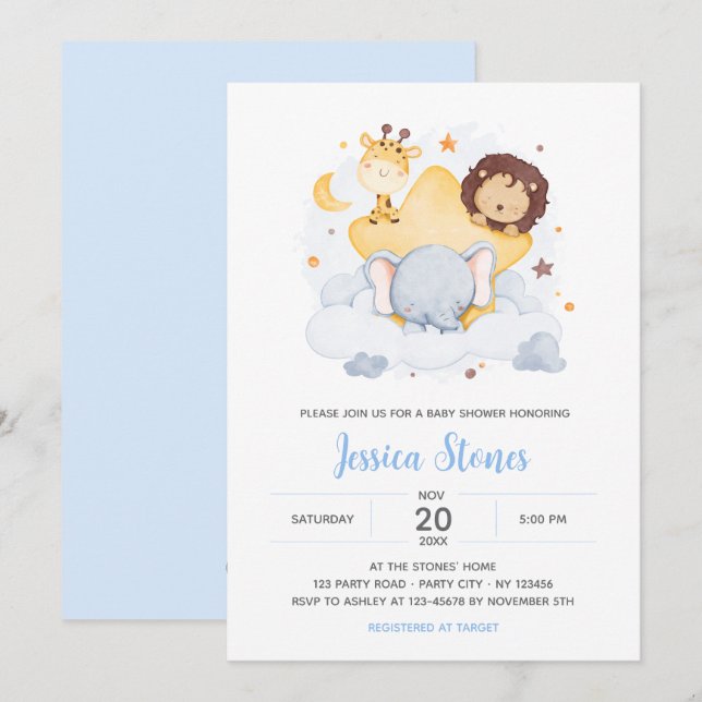 Safari Baby Shower Einladungen zu Star Moon Sky (Vorne/Hinten)