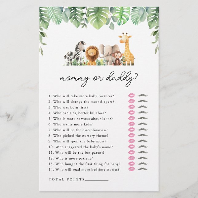 Safari Baby Shower Game - Mommy oder Daddy Flyer (Vorne)