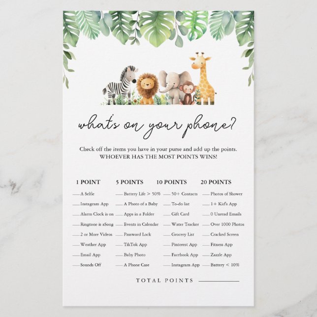 Safari Baby Shower Game - Was ist auf Ihrem Telefo Flyer (Vorne)