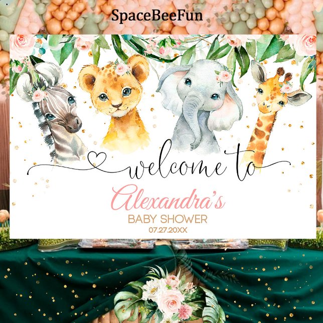 Safari Baby Shower Girl Background Banner Begrüßun (Safari Baby Shower girl,safari animals,Backdrop Banner,Welcome sign,leon elephant,giraffe zebra,bann)