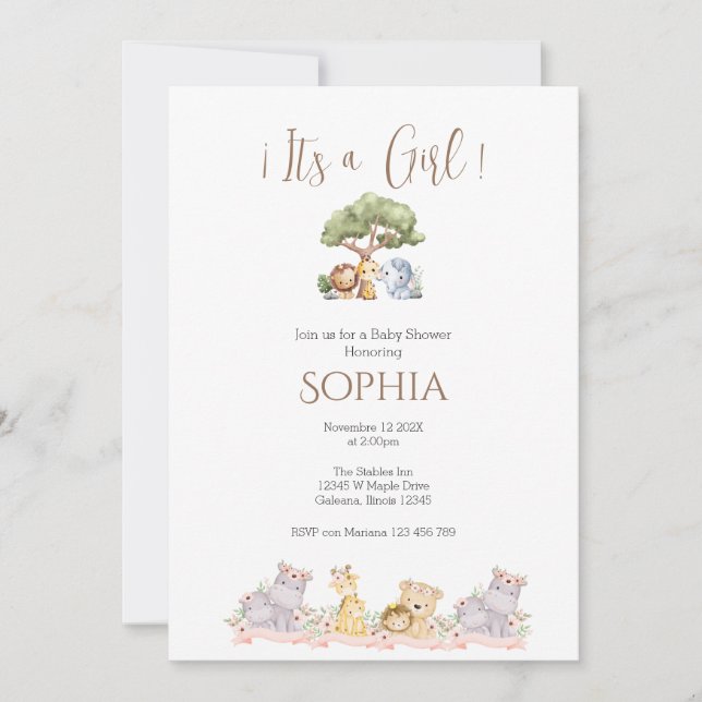 Safari Baby Shower Girl Einladung (Vorderseite)