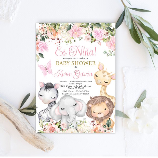 Safari Baby shower Girl Espagnol Invitation (Créateur téléchargé)