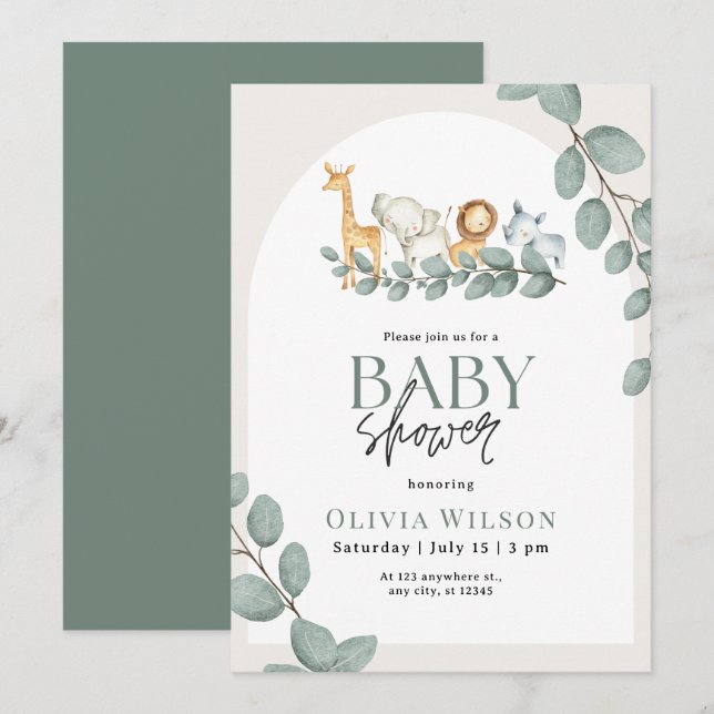 Safari Baby Shower Invite, Greenery Jungle Neutral Einladung (Vorne/Hinten)