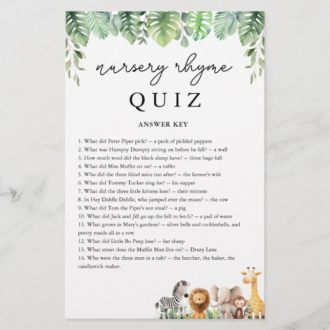 Safari Baby Shower Kinderzimmer Rhyme Quiz Answers Flyer (Vorne)