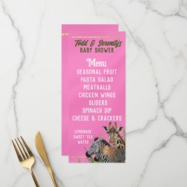 Safari Baby Shower Menü Menükarte (Vorderseite/Rückseite Beispiel)