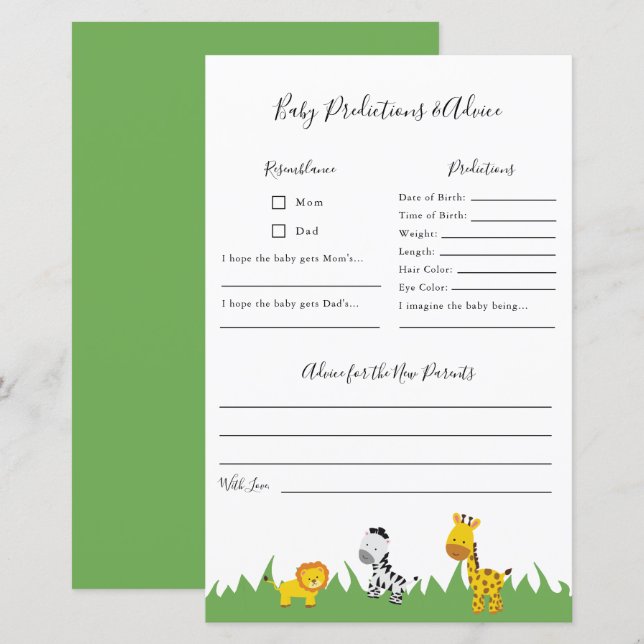 Safari Baby Shower Vorhersagen und Advice Game (Vorne/Hinten)