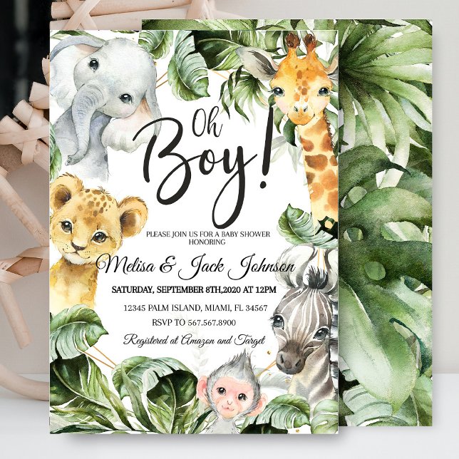 Safari Babydusche Babydusche Einladung (Safari Baby Shower Baby Boy Shower invitation with jungle animals like lions, giraffes, and elephant)