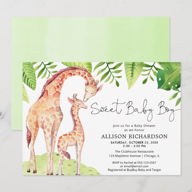 Safari Babydusche mit Baby Boy giraffe Einladung (Vorne/Hinten)