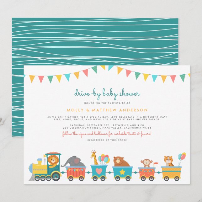 Safari Bahn & Bunting Niedlich Drive-by-Babydusche Einladung (Vorne/Hinten)