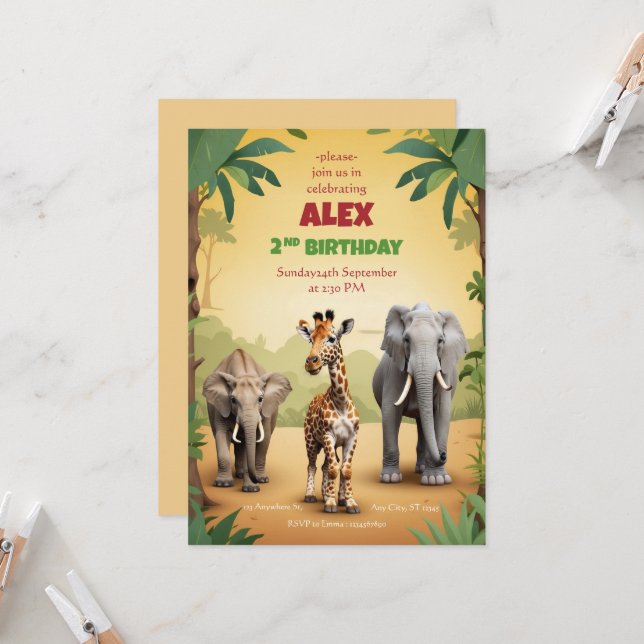 Safari Birthday Einladung Gold Jungle Tiere (Vorderseite/Rückseite Beispiel)