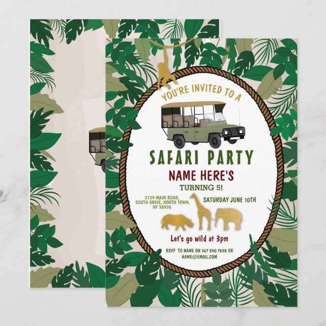 Safari Birthday Party Animals Wild Truck Jungle Einladung (Vorne/Hinten)