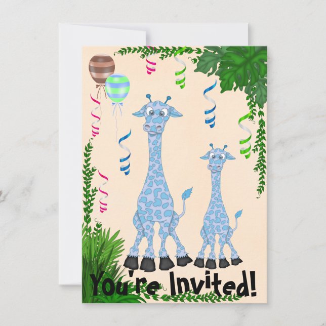 Safari Blue Giraffe Baby Dusche Einladung (Vorderseite)