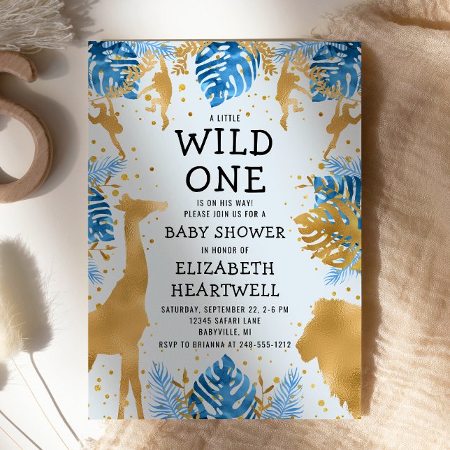 Safari Blue Gold Boy Baby Dusche Einladung (Von Creator hochgeladen)
