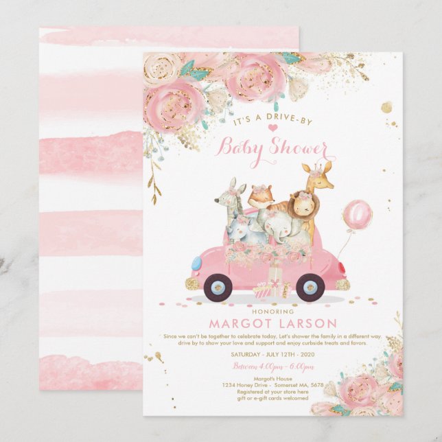 Safari Drive by Baby Dusche Einladung Rosa Blütenw (Vorne/Hinten)