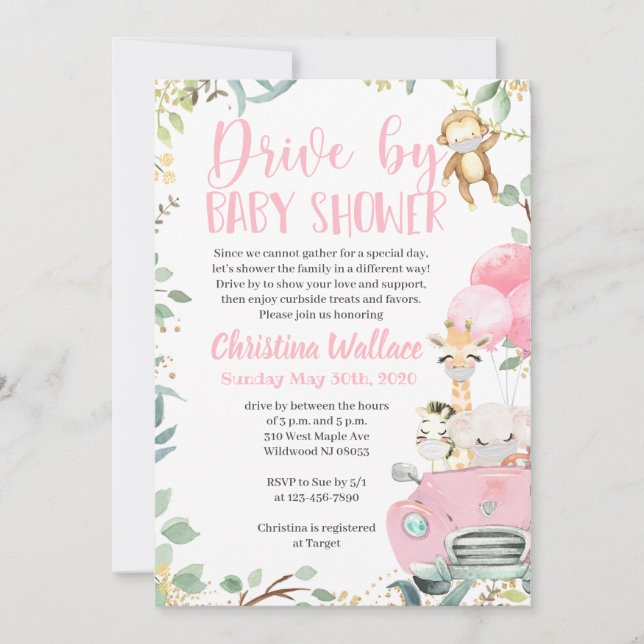 Safari Drive by Baby Shower Einladungen für Mädche (Vorderseite)