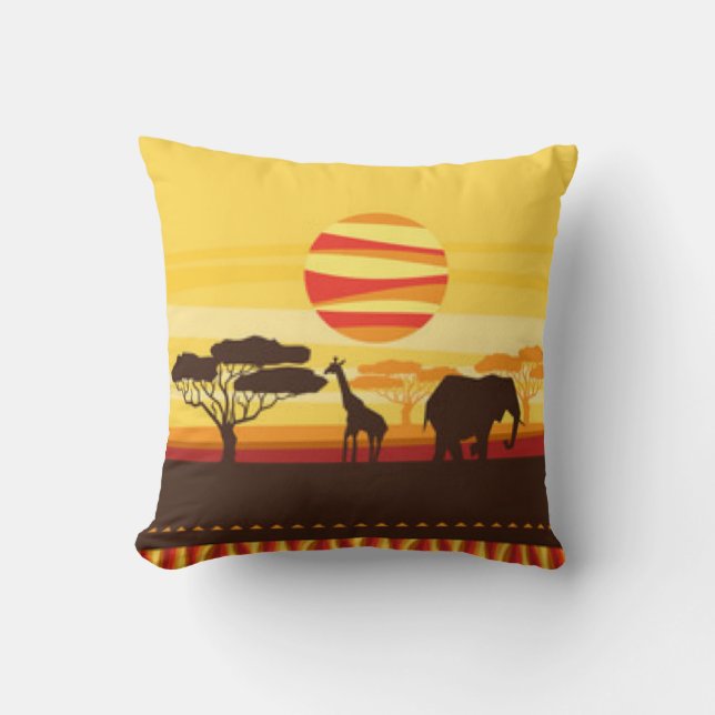 Safari-Dschungel-Elefant-Giraffen-Sonnenuntergang Kissen (Vorderseite)