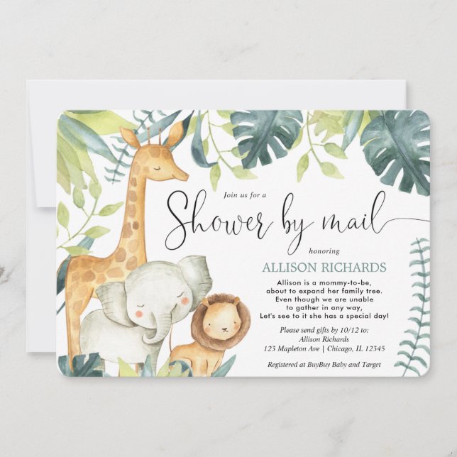 Safari Dschungeltiere Dusche per Mail Babydusche Einladung (Vorderseite)