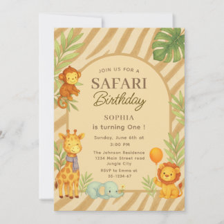 Safari-Dschungeltiere Erster Geburtstag  Einladung