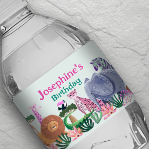 Safari-Dschungeltiere Mädchen Wasserflasche Etiket