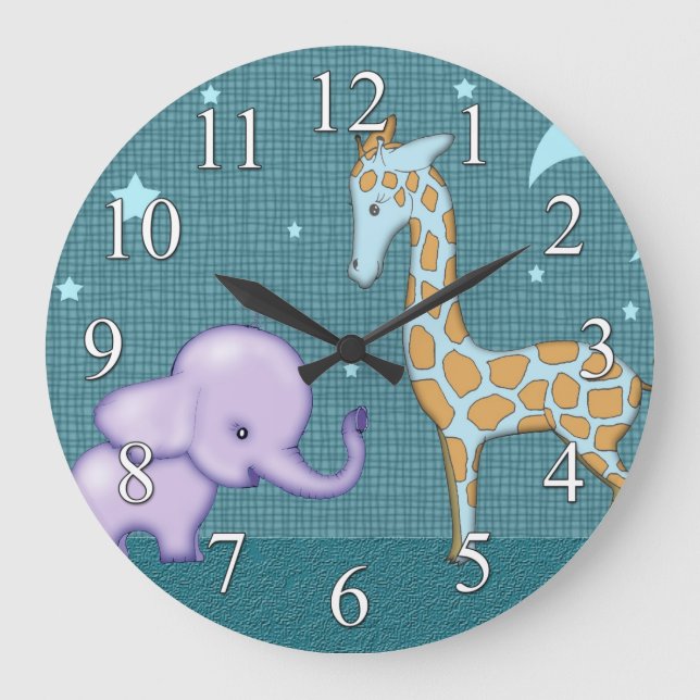 Safari Elephant and Giraffe Animals Kids Clock Große Wanduhr (Vorderseite)
