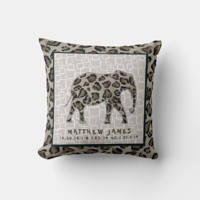 Safari Elephant Baby Boy Leopard Print Birth Stats Kissen (Vorderseite)