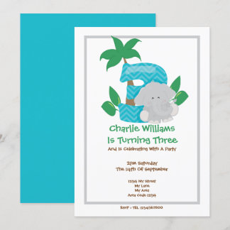 Safari Elephant Dritte Geburtstagspartei Einladung