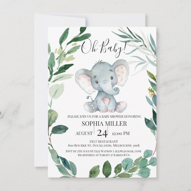 Safari Elephant Foliage Wreath Baby Dusche Einladung (Vorderseite)