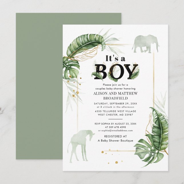 Safari Elephant Giraffe Botanical Boys Babydusche Einladung (Vorne/Hinten)