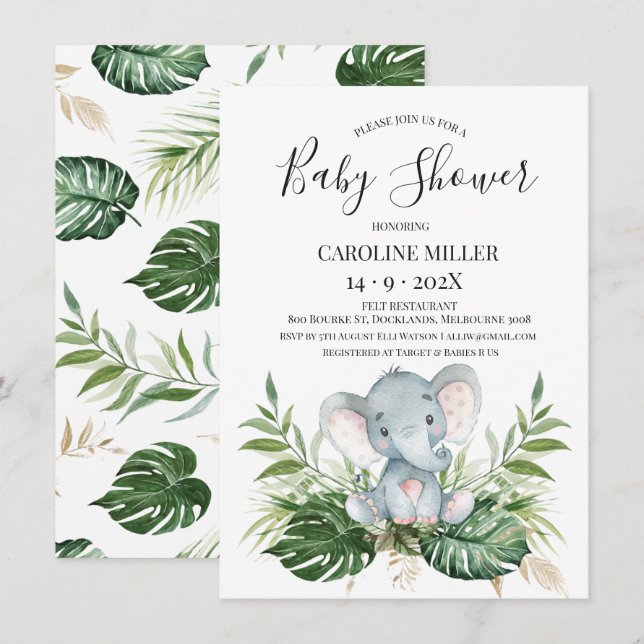 Safari Elephant Gold Green Foliage Baby Dusche Einladung (Vorne/Hinten)