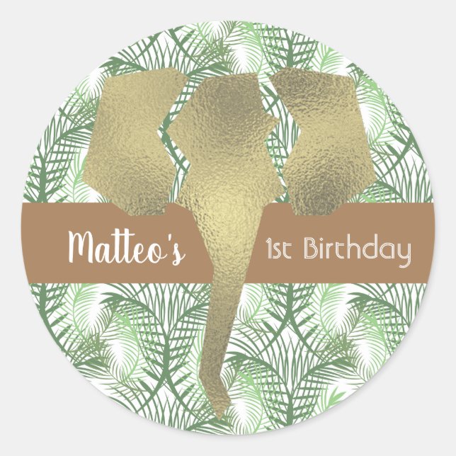 Safari Elephant Imitate Gold Greenery Runder Aufkleber (Vorderseite)