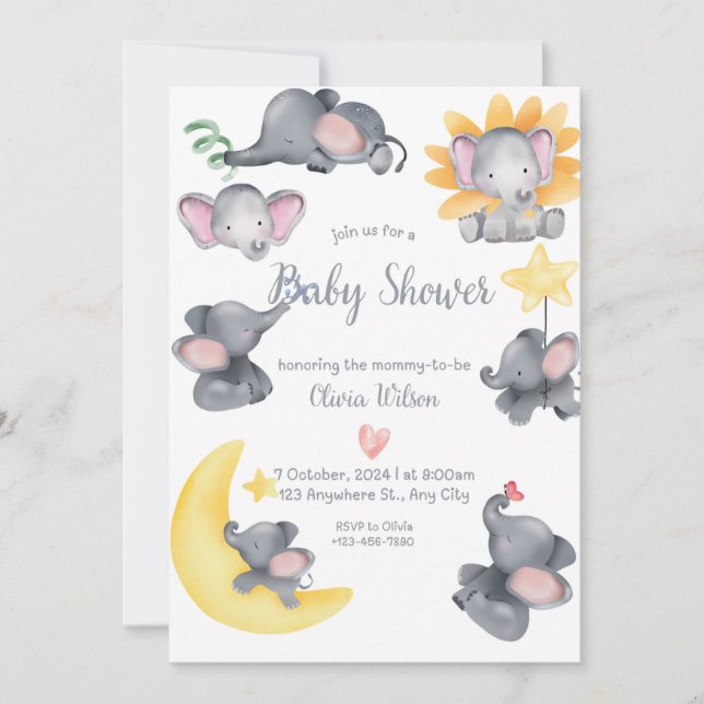 Safari Elephants Watercolor Babydusche Einladung (Vorderseite)