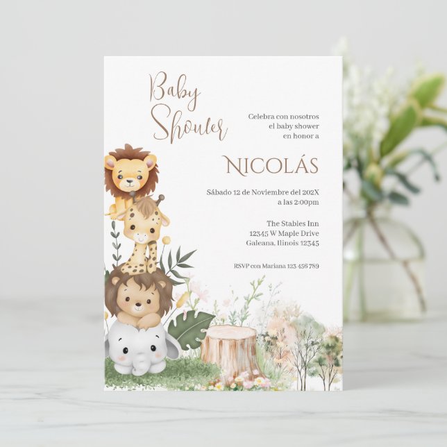 Safari Espagnol Baby shower Invitation garçon (Debout devant)