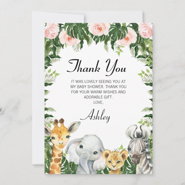 Safari Floral Folial Baby shower Carte de remercie (Devant)